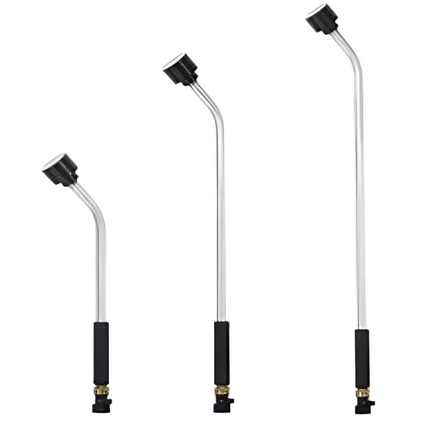 Three Dramm Rain Wands: 16", 24", and 30" long, with clear shafts, black grips, and angled nozzles.