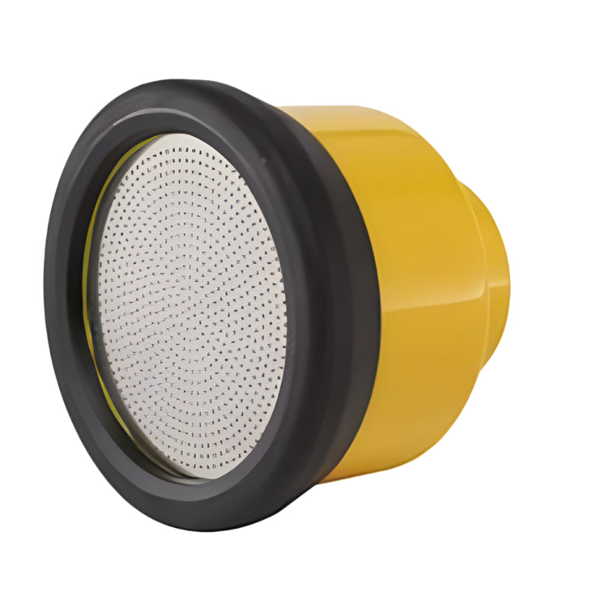 Yellow Dramm Lemonhead Water Breaker with 750-hole stainless steel disc and black rubber rim.