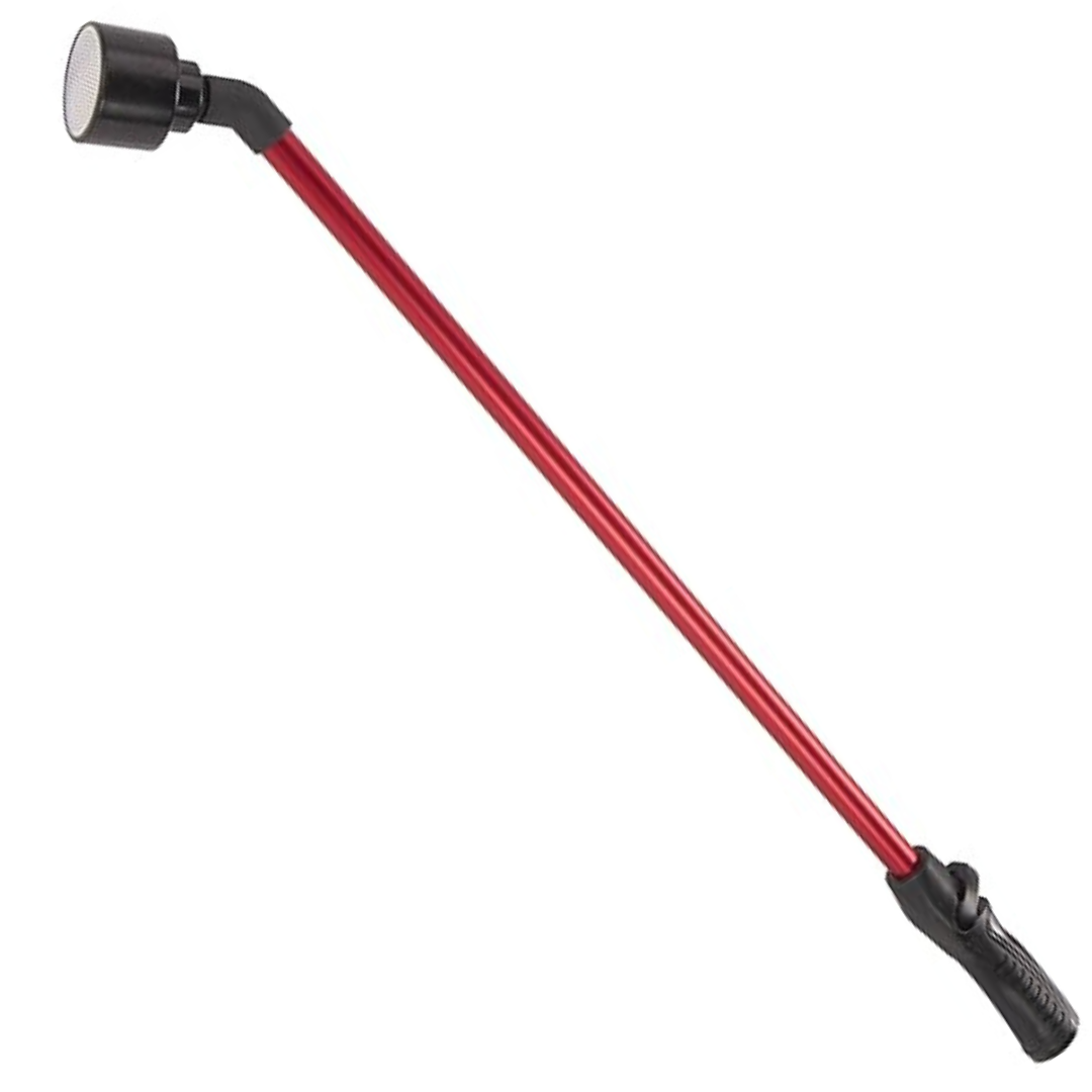 Red 30-inch Dramm One Touch Rainwand with black rubber grip and shower nozzle.