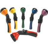 Six Dramm One Touch nozzles in red, orange, yellow, green, blue, and purple, with black ergonomic grips.