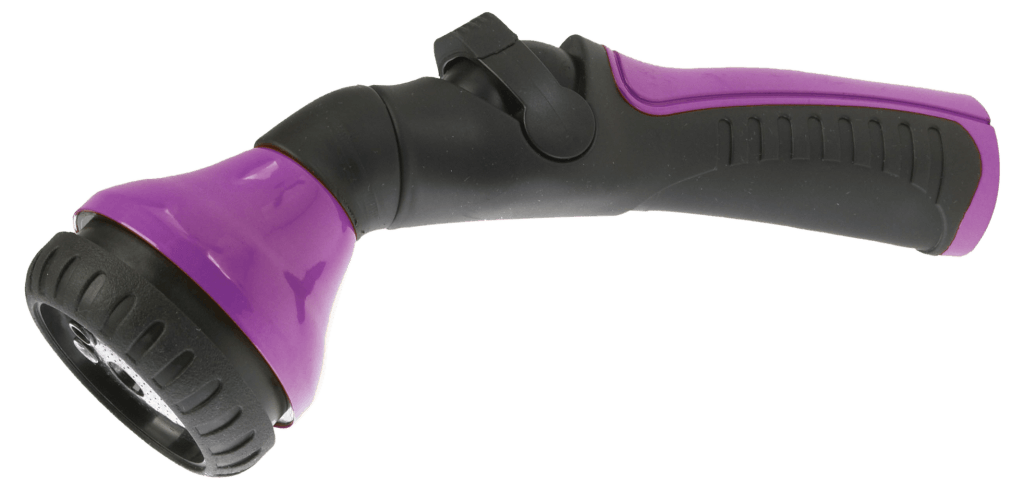 Berry purple and black Dramm One Touch Shower & Stream nozzle with ergonomic grip and adjustable head.