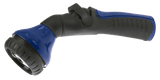 Blue and black Dramm One Touch Shower & Stream nozzle with ergonomic grip and adjustable spray head.
