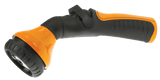 Orange and black Dramm One Touch Shower & Stream nozzle with thumb control and ergonomic grip.