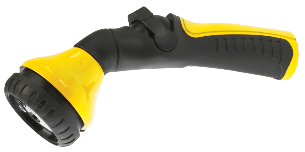 Yellow and black Dramm One Touch shower and stream nozzle with ergonomic grip.