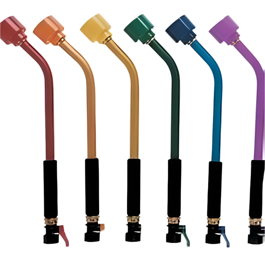 Six Dramm Sunrise Rainwands in red, orange, yellow, green, blue, and purple with black foam grips.