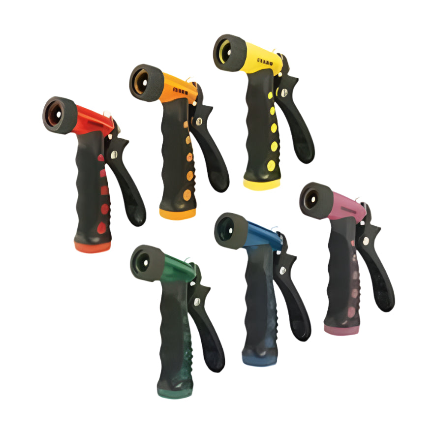 Six Dramm Touch n Flow Pistol spray nozzles in red, orange, yellow, green, blue, and berry.