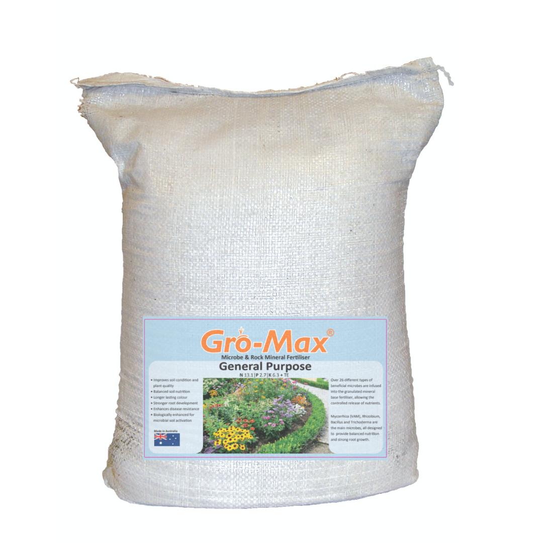 Large white woven bag of Gro-Max General Purpose fertilizer with a colorful garden label.