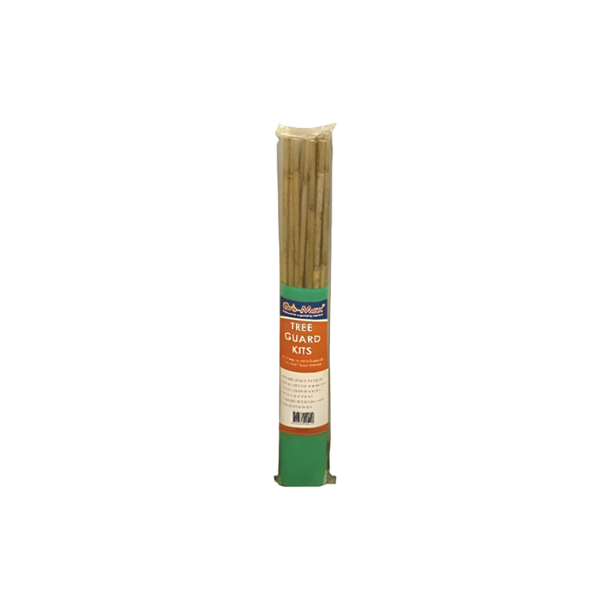 Pack of Gro-Max Treeguard Kits with brown hardwood stakes and orange label, wrapped in clear plastic.