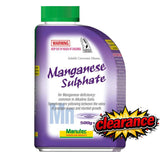 Purple Manutec Manganese Sulphate 500gm bottle with green cap, "Clearance" starburst.