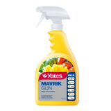Yellow Yates Mavrik Gun 750ml insect and mite spray bottle with a white trigger, showing vegetables and roses.