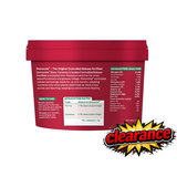 Red Osmocote Azaleas, Camellias & Roses 1kg fertilizer tub with white label and "clearance" graphic.