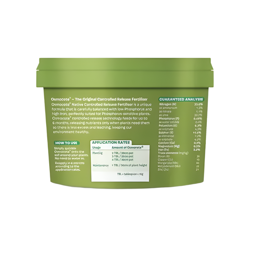 Green Osmocote Native Gardens 2kg fertilizer tub with product details and application rates.