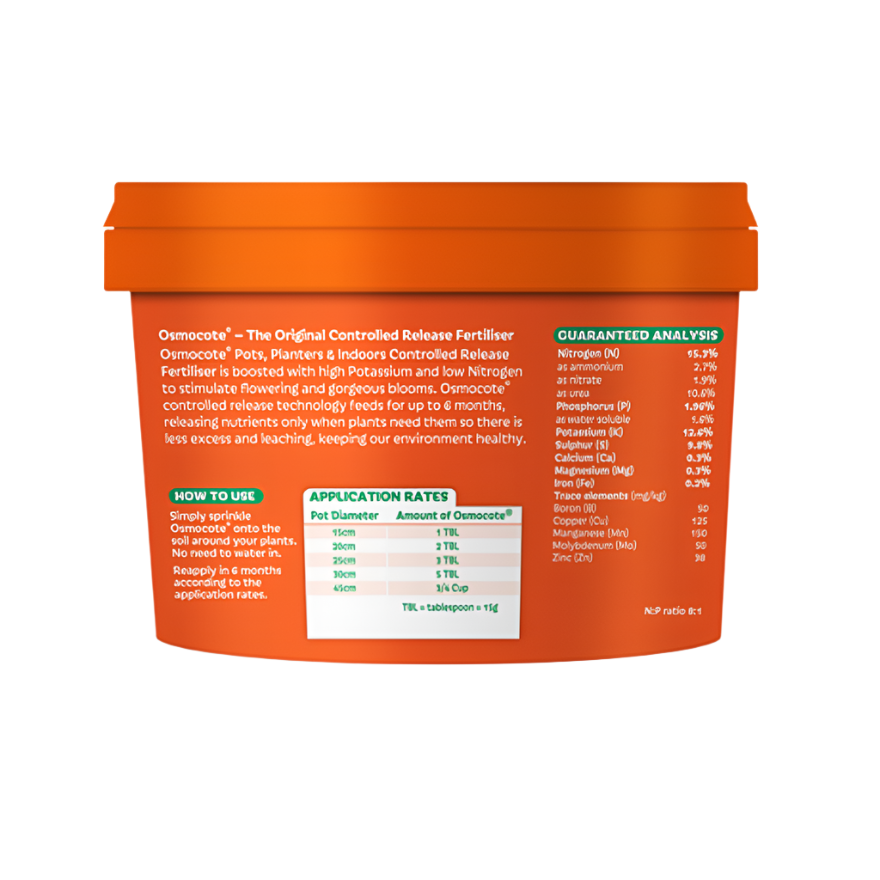 Orange Osmocote Pots & Planters 2kg fertilizer tub with product details and guaranteed analysis.