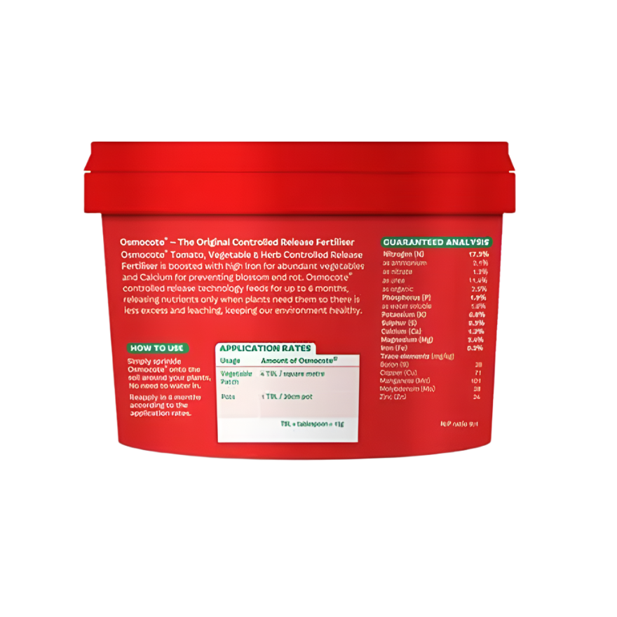 Red Osmocote Tomato, Vegetable & Herb 2kg fertilizer tub with product details and guaranteed analysis.