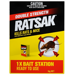 Yellow and black Ratsak Double Strength 1kg box with a brown rat and bait station graphic.