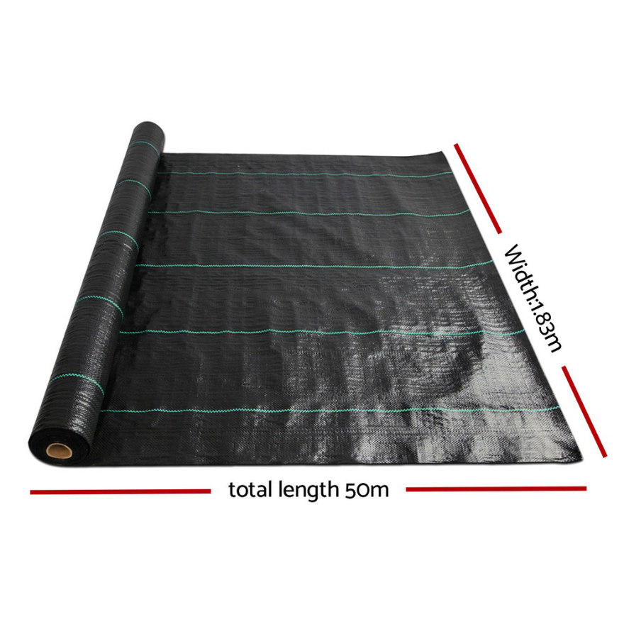Rolled black weed mat with green guide lines, 1.83m wide x 50m long, for garden weed control.