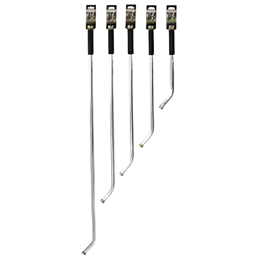 Five silver aluminum Dramm rain wands of varying lengths with black handles and brass nozzles.