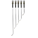 Five silver aluminum Dramm rain wands of varying lengths with black handles and brass nozzles.