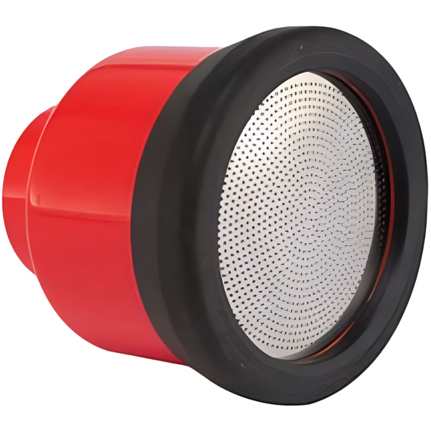 Red Dramm 1000PL water breaker with black rubber bumper and stainless steel disc, featuring over 1,000 micro-holes.