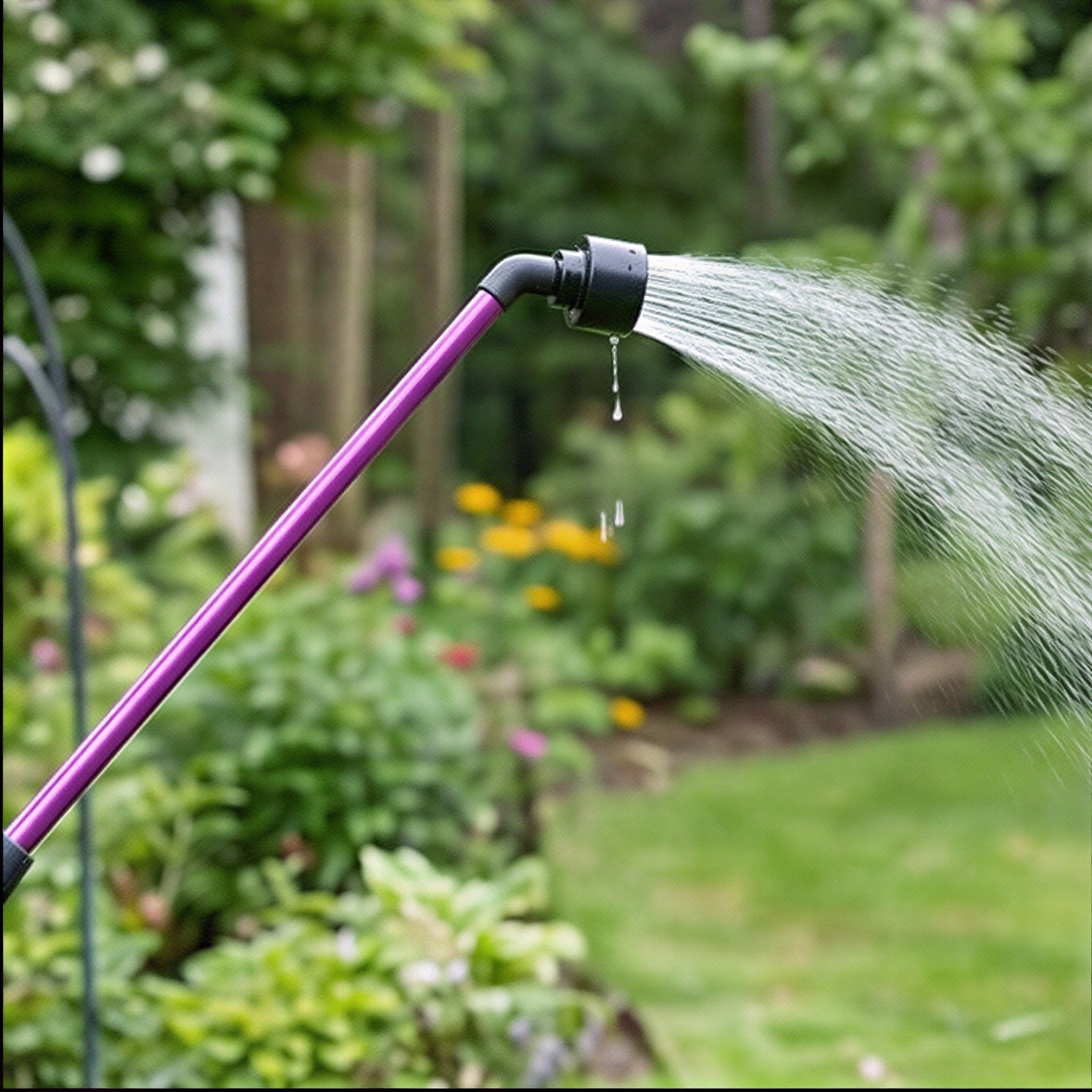Berry Dramm One Touch Rainwand 16in, aluminum watering wand spraying water in a garden.