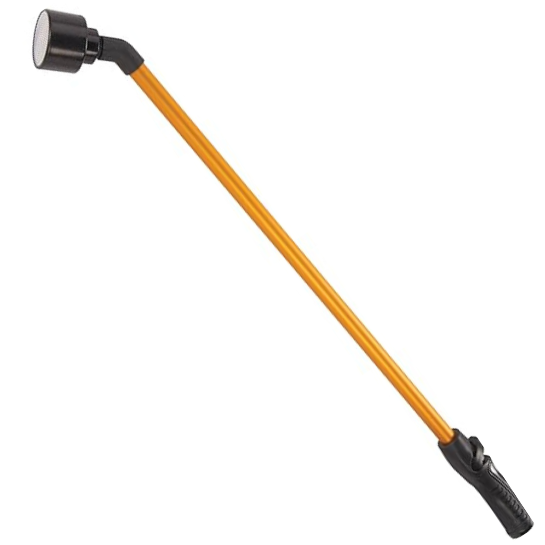 Orange Dramm One Touch Rainwand, 30-inch aluminum watering wand with black rubber grip and shower head.