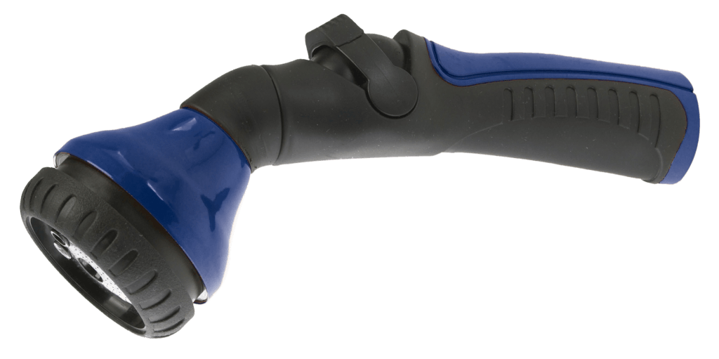 Blue and black Dramm One Touch Shower & Stream nozzle with ergonomic grip and adjustable spray head.