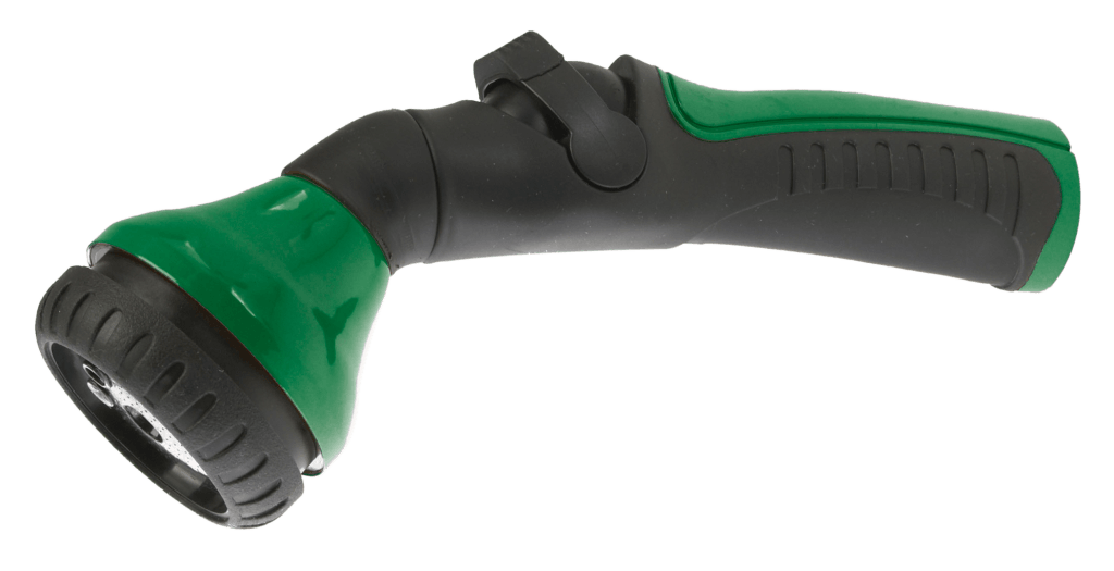 Green and black Dramm One Touch Shower and Stream garden hose nozzle with ergonomic grip.