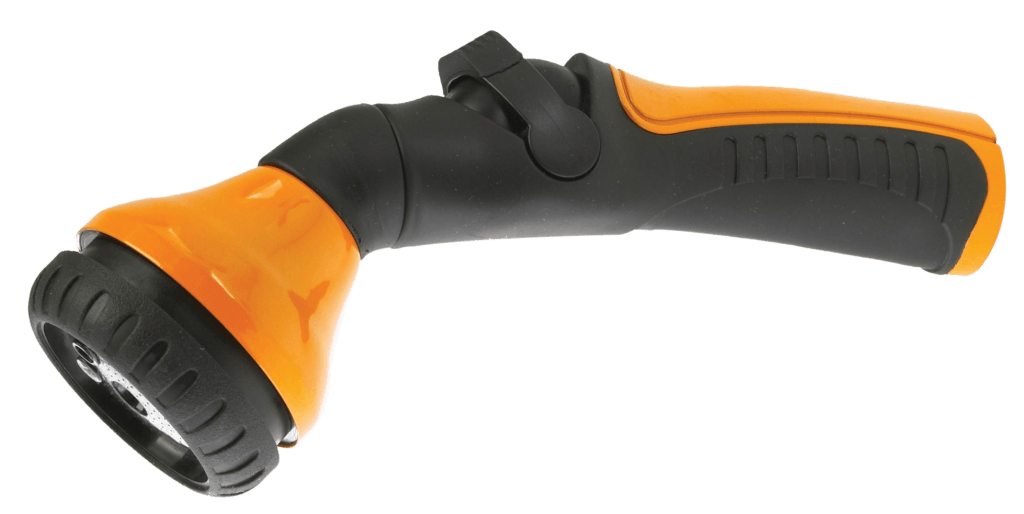 Orange and black Dramm One Touch Shower & Stream nozzle with thumb control and ergonomic grip.