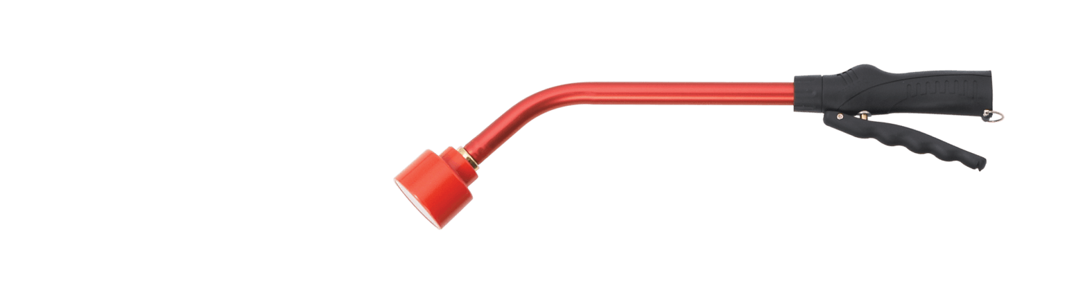 Red Dramm Touch N Flow Rainwand, 16-inch, with black ergonomic grip and lever-activated valve.