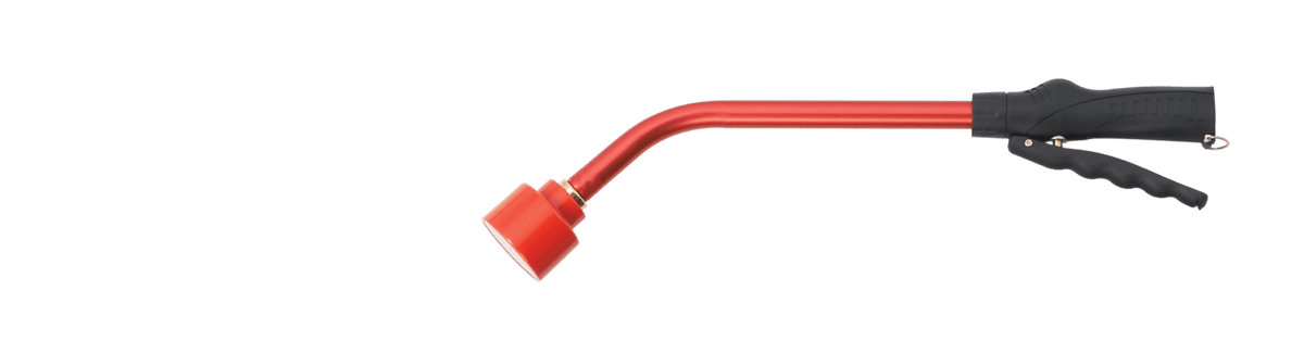 Red Dramm Touch N Flow Rainwand, 16-inch, with black ergonomic grip and lever-activated valve.