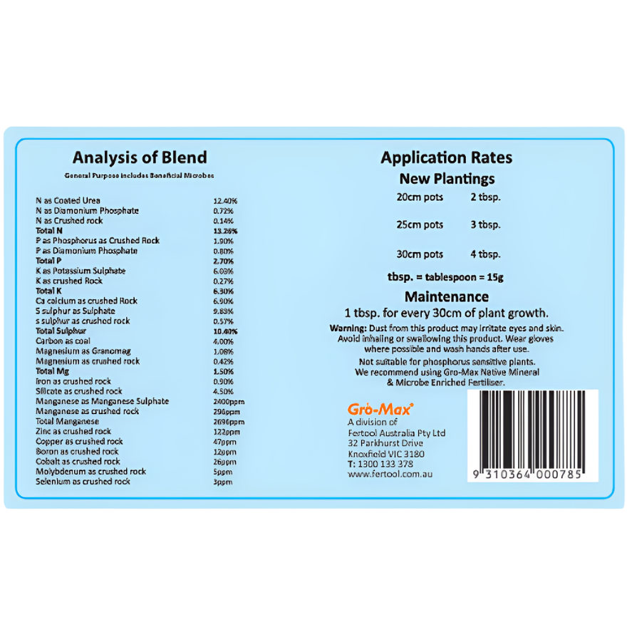 Gro-Max General Purpose fertilizer label with nutrient analysis, application rates, and barcode on a light blue background.