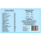 Gro-Max General Purpose fertilizer label with nutrient analysis, application rates, and barcode on a light blue background.