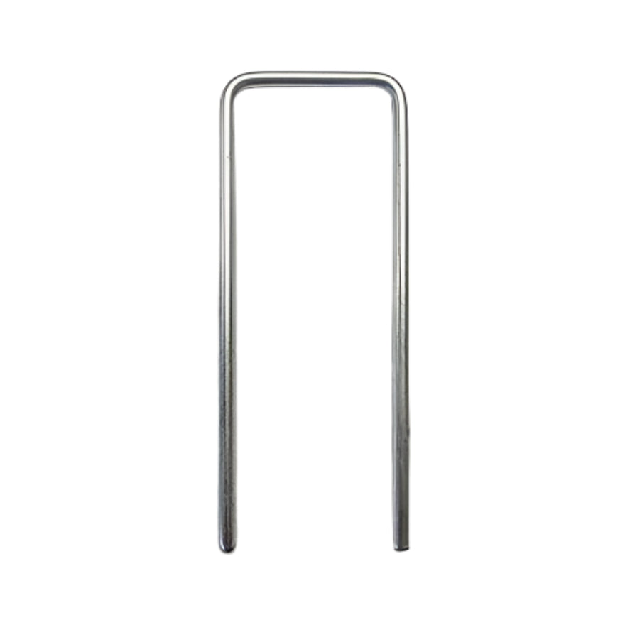 Silver metal U-shaped garden stake pin, 200x30x4mm, for securing landscape fabric.