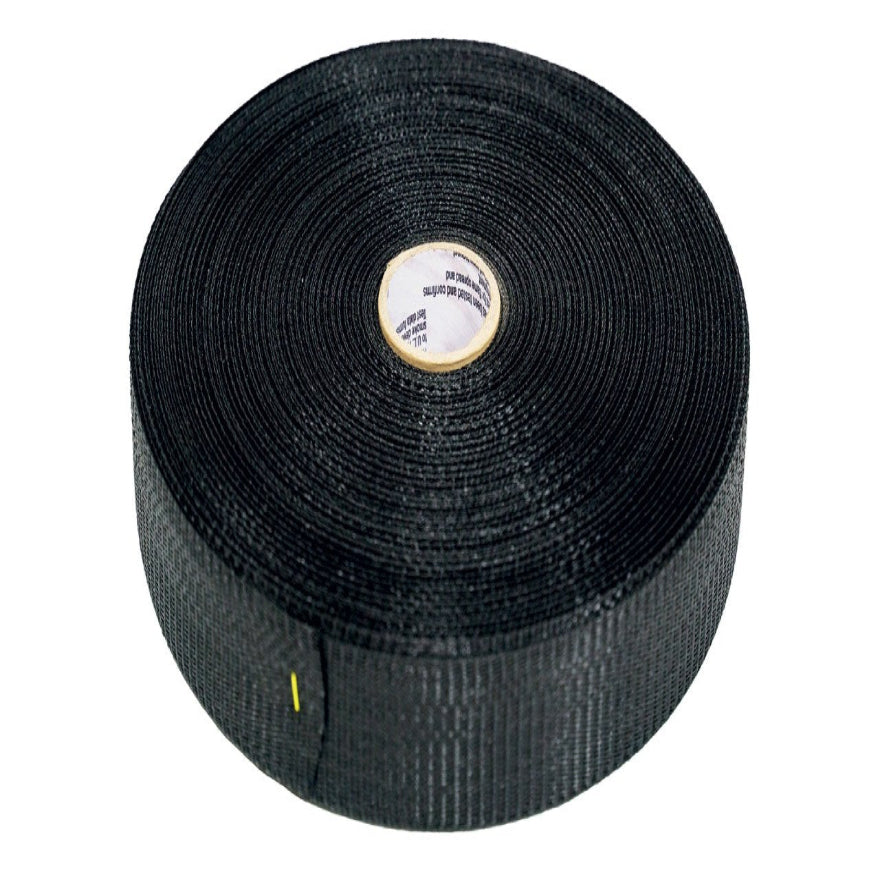 Black 50mm wide poly tree tie roll with a yellow marker, ideal for securing trees.