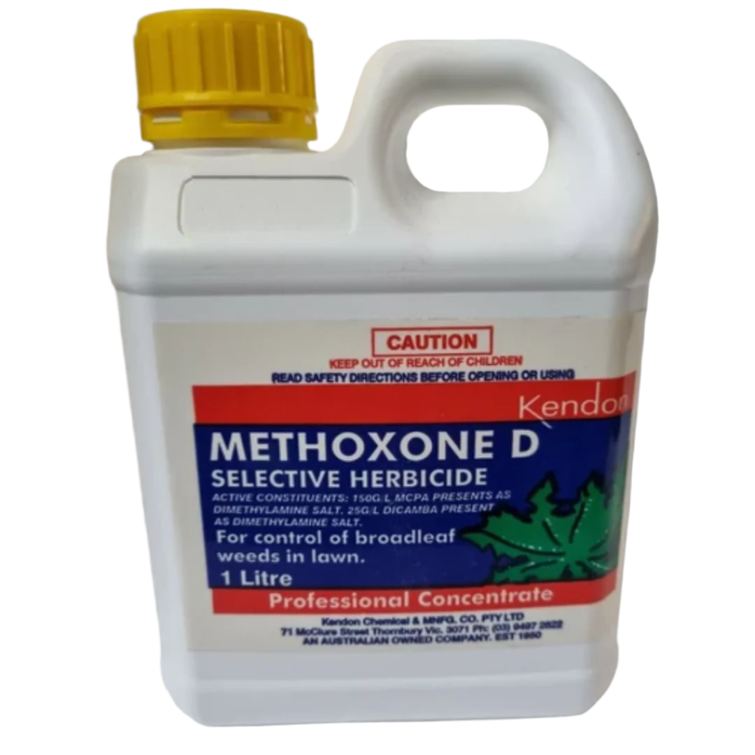 White 1-liter Kendon Methoxone D selective herbicide bottle with a yellow cap and blue label.