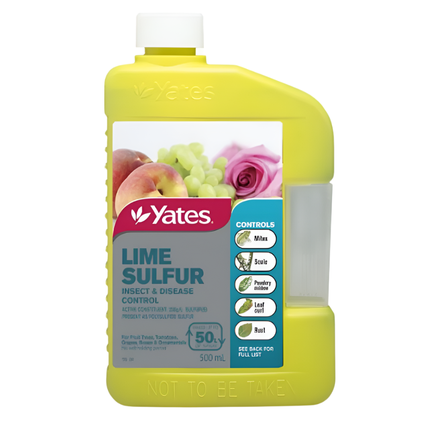 Yellow Yates Lime Sulfur 500ml bottle with fruit and flower label, controls insects & diseases.