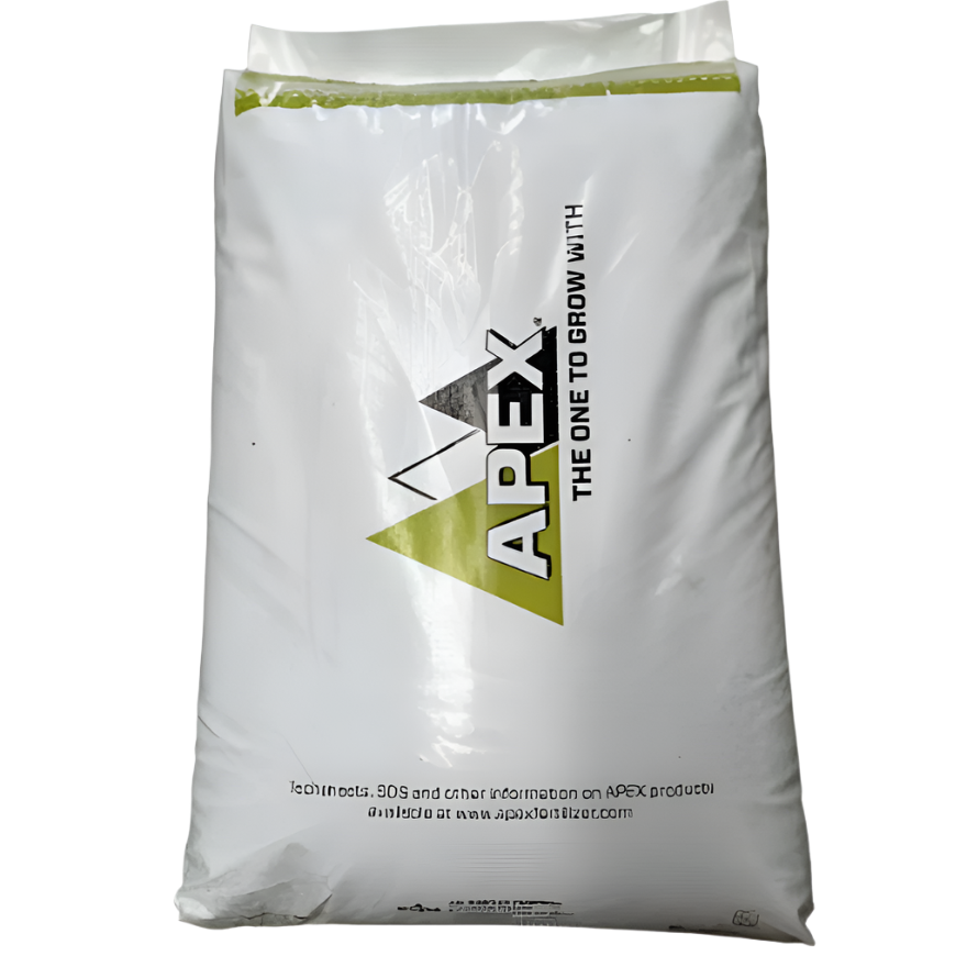 White plastic bag of Apex NPK 19-2-10 slow-release fertilizer with green and black logo.