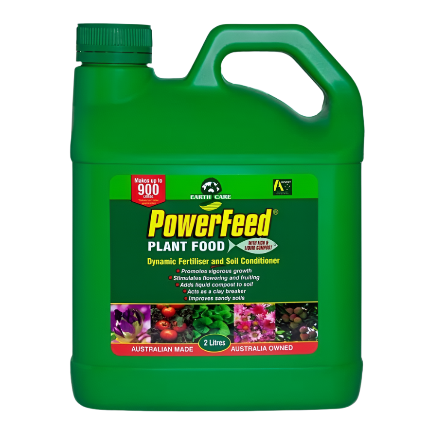 Green 2L PowerFeed plant food and soil conditioner bottle with a green cap and handle.