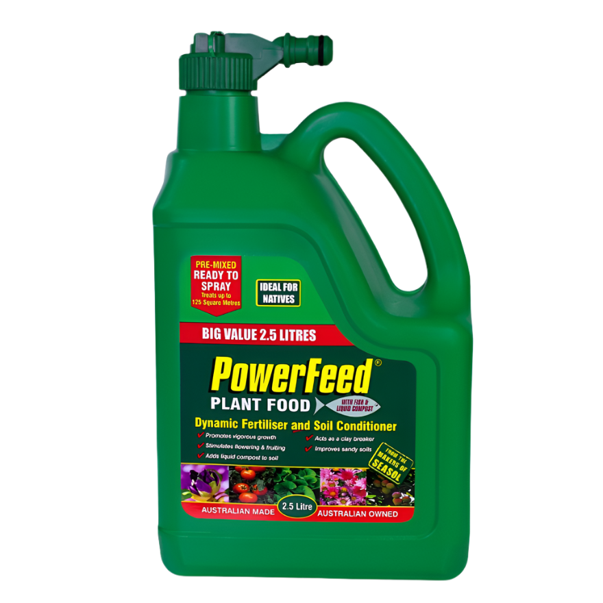 Green 2.5L PowerFeed Plant Food bottle with hose-on sprayer, featuring plant growth benefits.