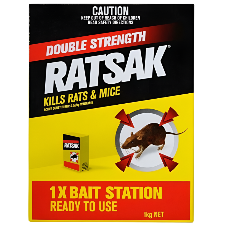 Yellow and black Ratsak Double Strength 1kg box with a brown rat and bait station graphic.