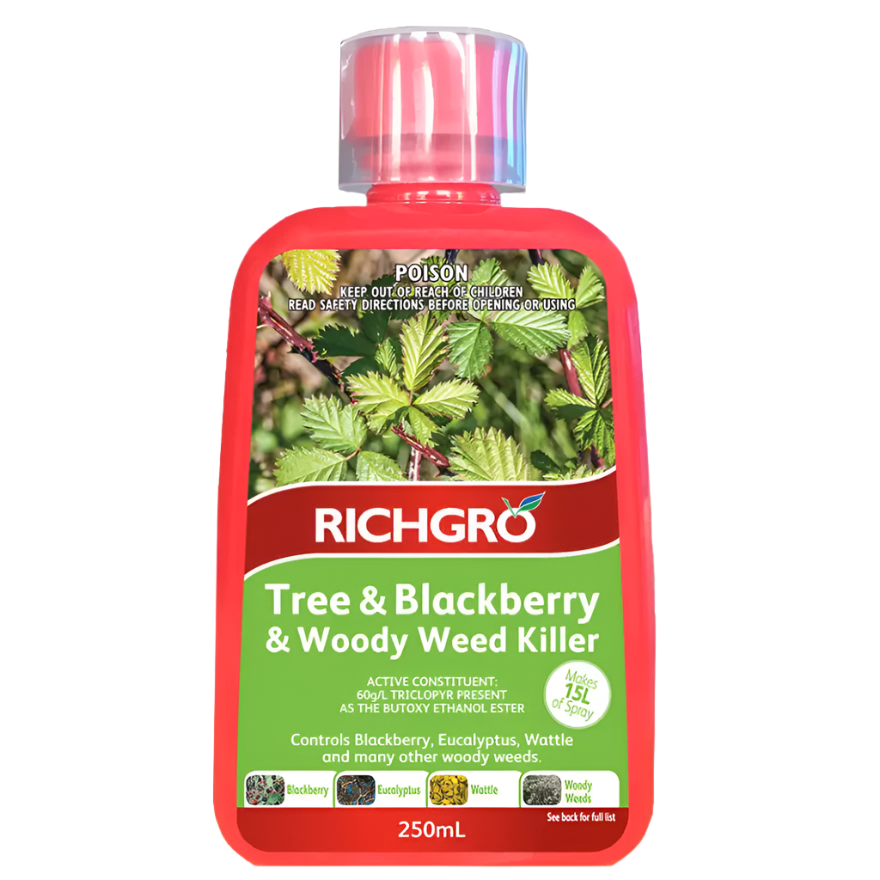 Red 250ml Richgro Tree & Blackberry Killer bottle with green label showing blackberry leaves and product details.
