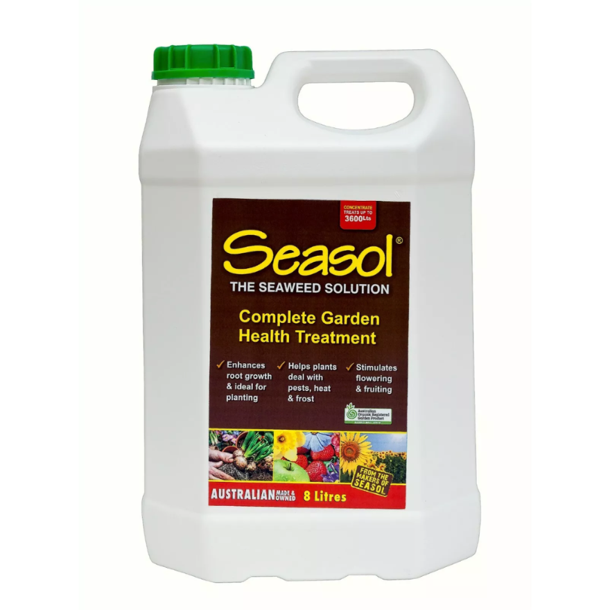 White 8L Seasol concentrate bottle with green cap and brown label detailing garden health benefits.